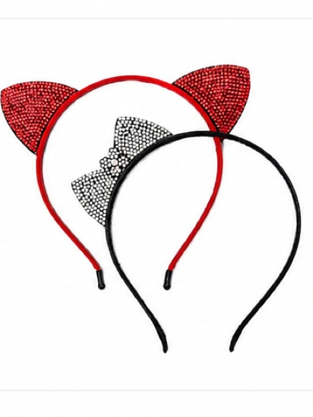 NEW - Set of 2 Rhinestone Headbands Red Cat Ears & Silver Crystal Bow